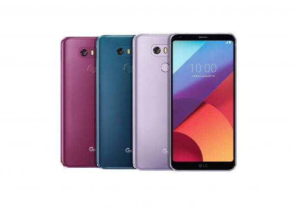 The front and rear view of the LG G6 in Raspberry Rose, Moroccan Blue and Lavender Violet