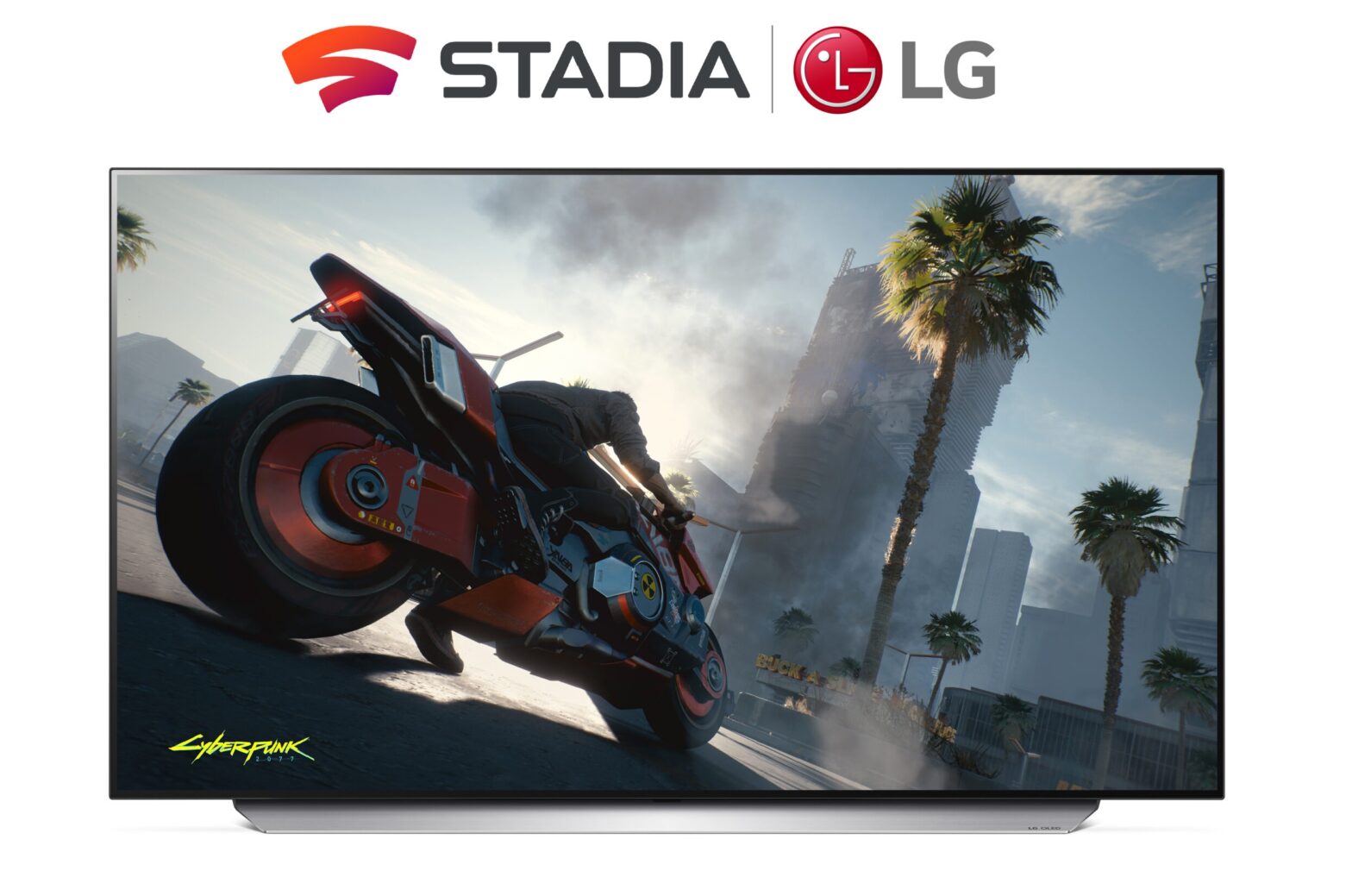 Front view of LG 48 inch OLED TV C1 displaying motorcycle gameplay from hit video game Cyberpunk 2077, which is enabled by Google Stadia