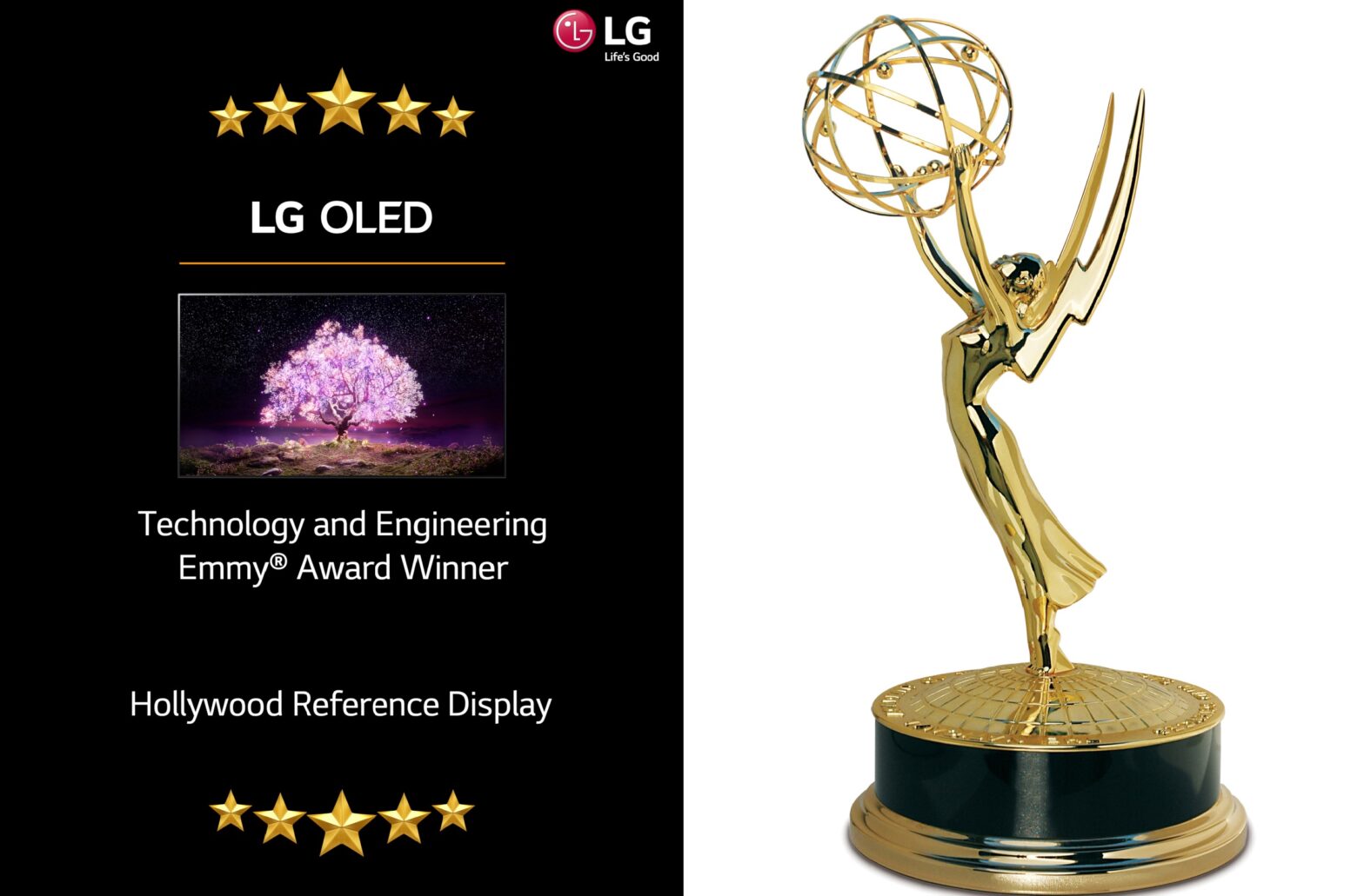 Side-by-side images showing LG OLED TV with its two new honorable titles Technology & Engineering Emmy Award Winner and Hollywood Reference Display on the left, and the Emmy trophy on the right.