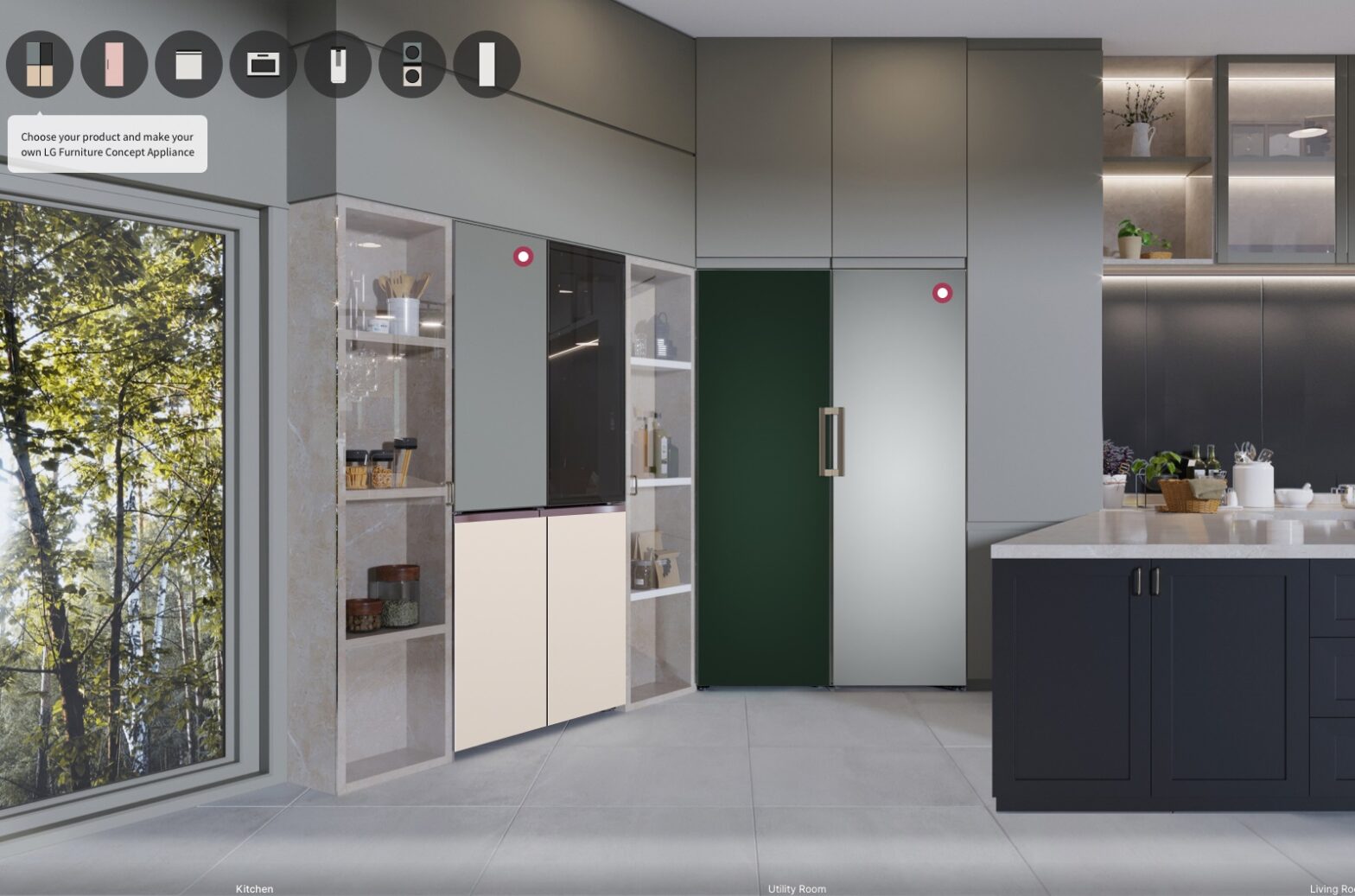 A picture of the virtual showroom to simulate selection of color and finish type of InstaView® and Fridge and Freezer pair from LG Furniture Concept Appliance