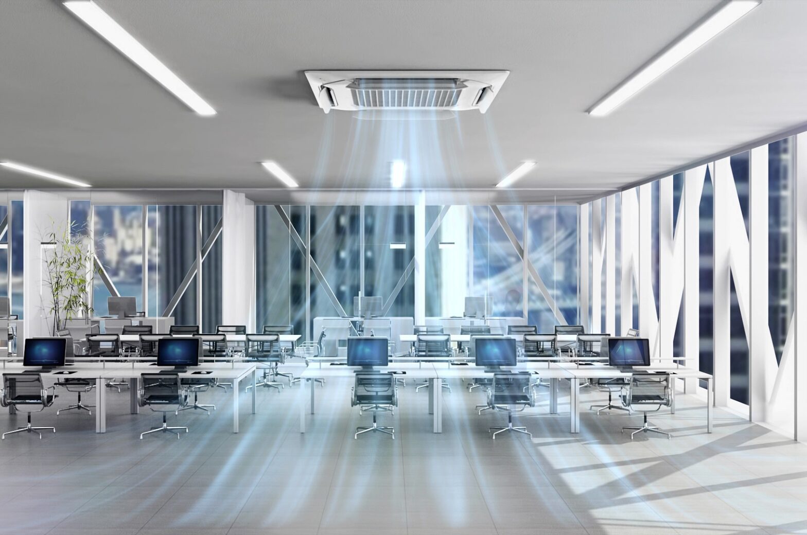 An office with Dual Vane Cassette emitting fresh, cool air from the ceiling