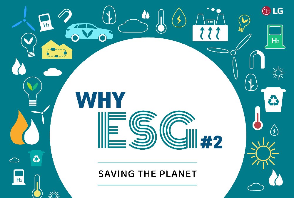 The title page of the ‘WHY ESG’ graphic news article with a preview of the stories to follow shown as keywords below.