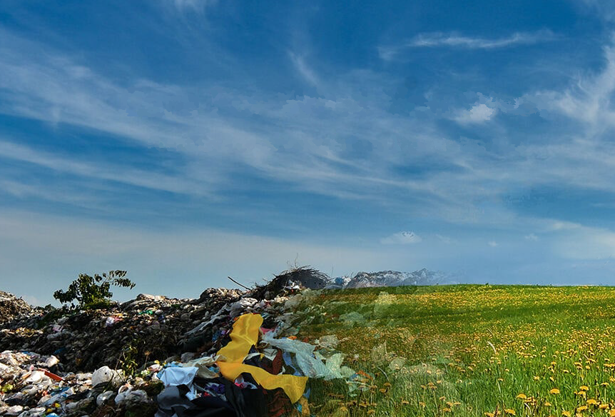 A photo showing half the landscape as a landfill and the other half as a beautiful meadow