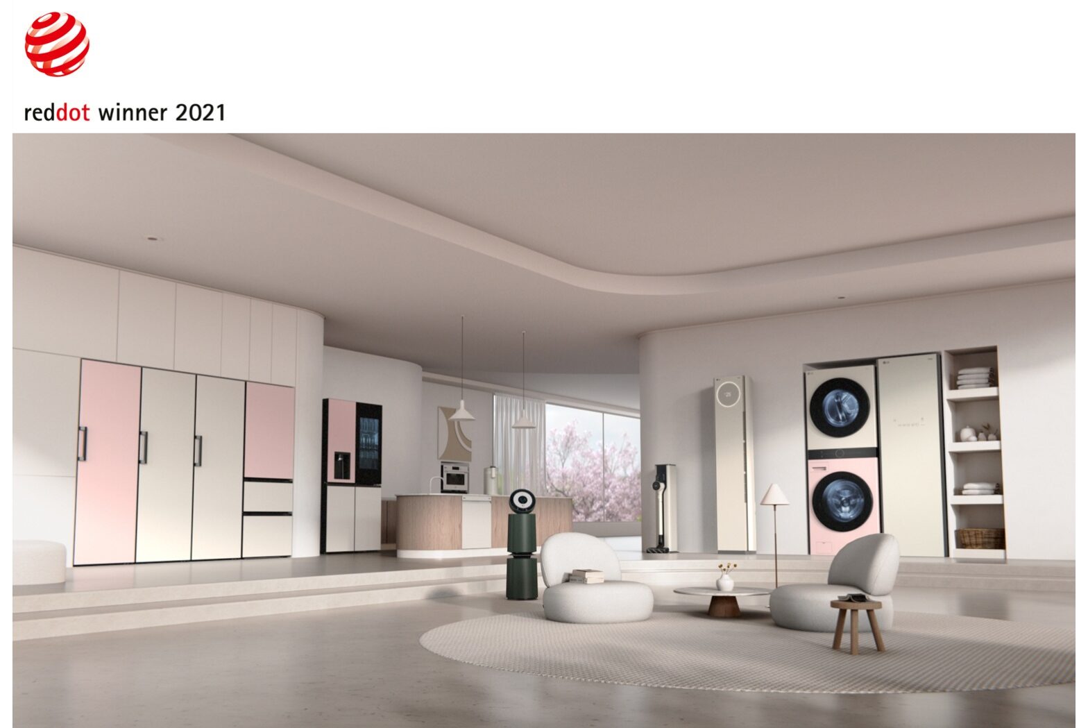 LG's collection of Red Dot Award-winning home appliances including its air conditioner, Styler, refrigerator and more are displayed in a modern, spacious living room to give the space a greater sense of style.