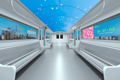 The inside of a subway train with LG signage used to display information or views on the windows which can be experienced through the company's virtual tour