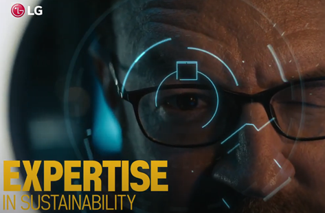 A screenshot from the LG HVAC Solutions YouTube video representing expertise in sustainability with a man looking into a lens as if having his eye scanned.