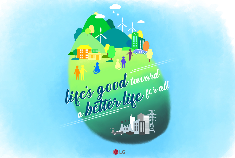 An illustration displaying contrasting eco-friendly and eco-harmful societies with the phrase, "Life's good toward a better life for all"