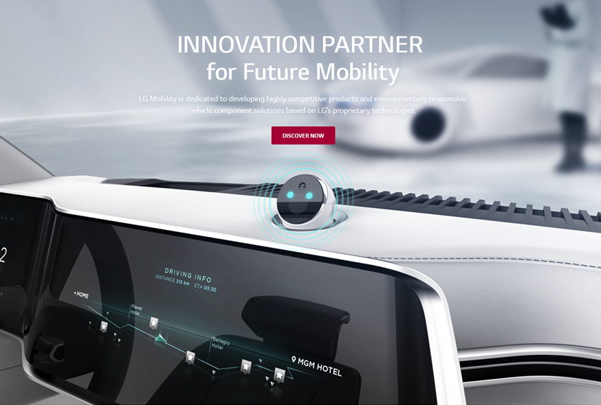 The homepage of LG's Future Mobility website with an image of an infotainment installed in a vehicle