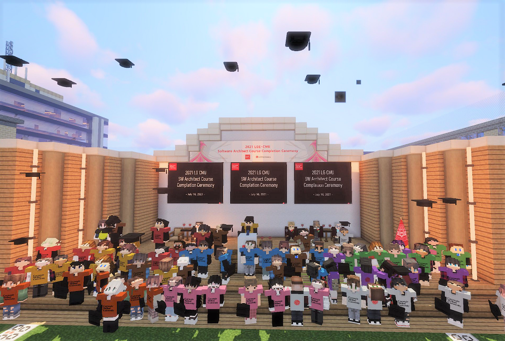 Employees’ virtual avatars throwing their hats in the air to celebrate graduation during LG’s online metaverse ceremony.