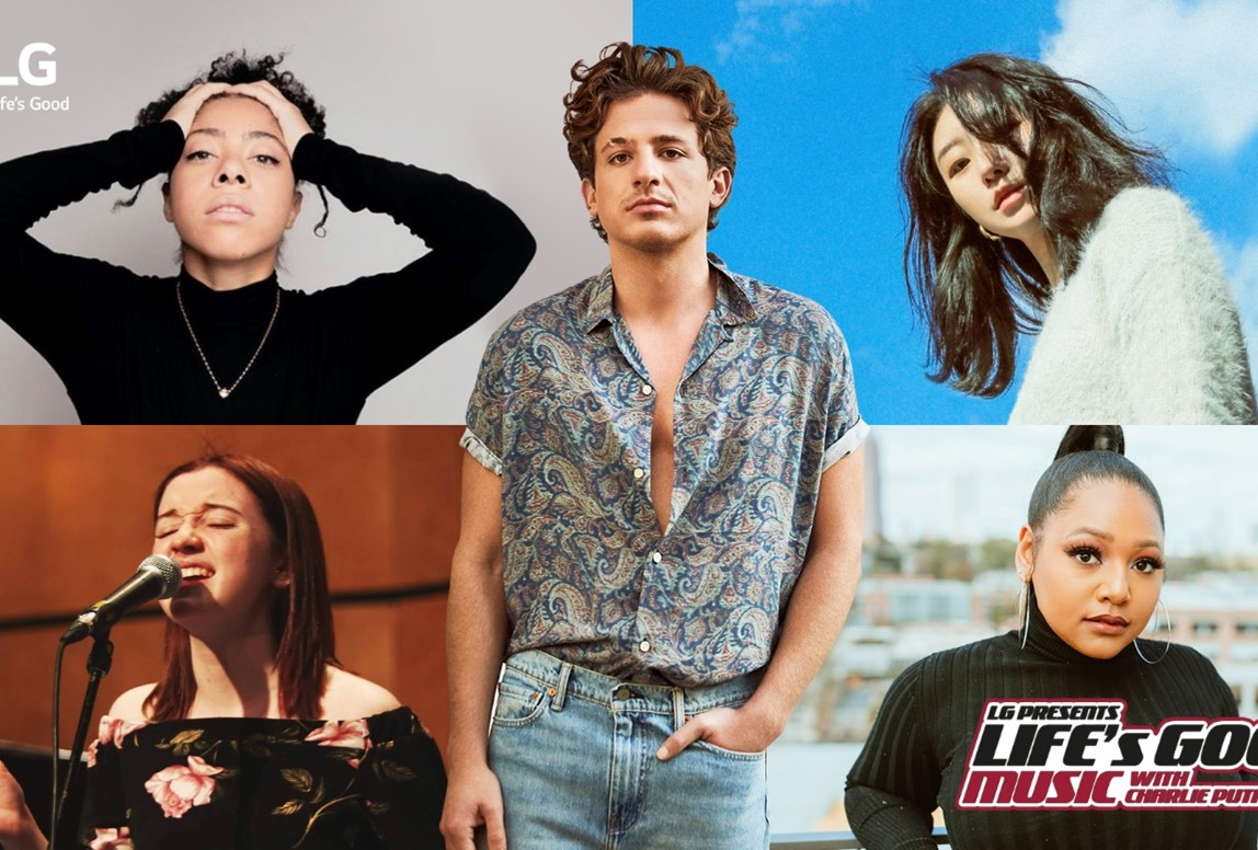 A promotional image for LG’s Life's Good Music campaign with the four winners and Charlie Puth