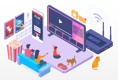 An illustration of three people enjoying a smart lifestyle with a smart TV and other Wi-Fi-enabled devices.