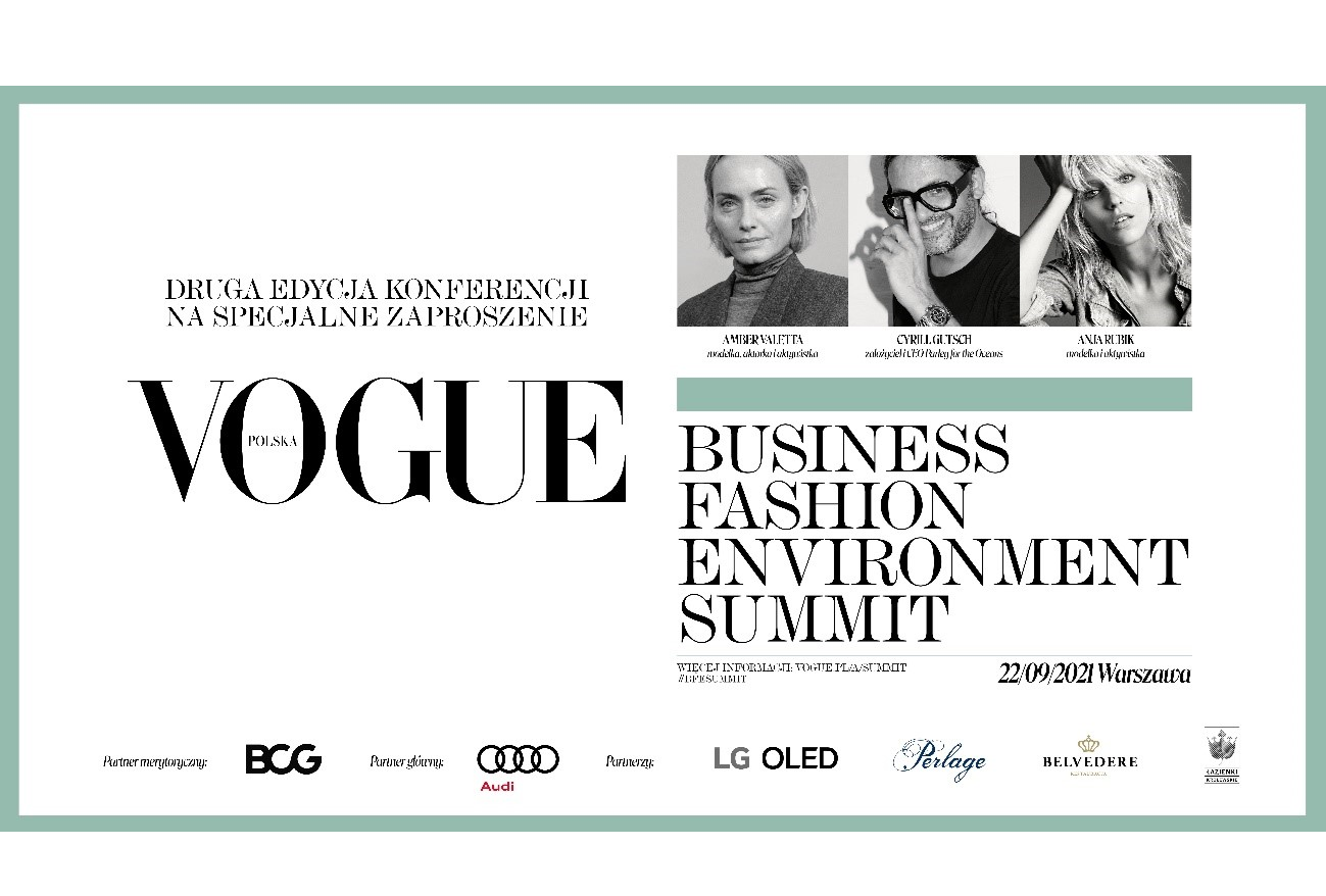 A promotional image of the Business Fashion Environment Summit in Poland displaying notable participants and sponsors.