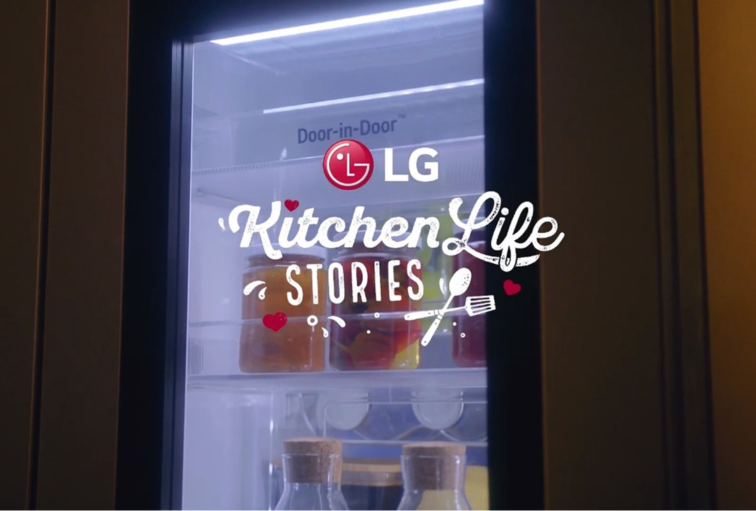 A screenshot from LG Austria’s KitchenLife Stories YouTube video featuring LG’s unique InstaView Door-in-Door refrigerator.