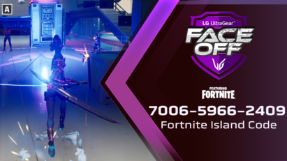 A promotional image of 'UltraCity,' LG UltraGear brand map in Fortnite, with Fortnite Island Code