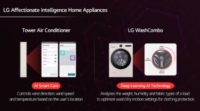 An illustration of LG Affectionate Intelligence Home Appliances including Tower Air Conditioner and LG WashCombo