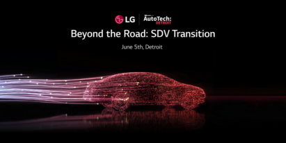 Car image featuring design elements with official logos of LG and AutoTech Detroit on top