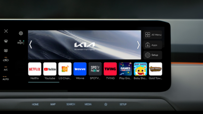 Various content platforms offered by LG Channels are displayed on the Kia EV3’s in-car screen