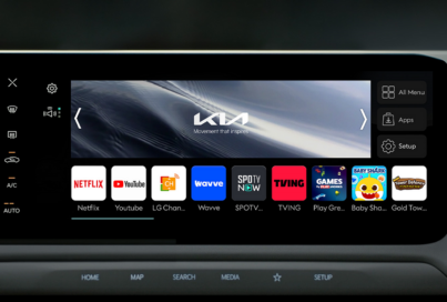 An illustration of various content platforms offered by LG Channels are displayed on the Kia EV3’s in-car screen