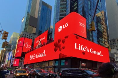 A photo of the New York billboard with LG's global campaign with images and slogans