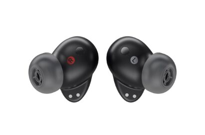 A closeup showcases the ergonomic design of the TONE Free T90S earbuds