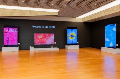 A showroom full of LG OLED TVs displays Kim Whanki’s artwork