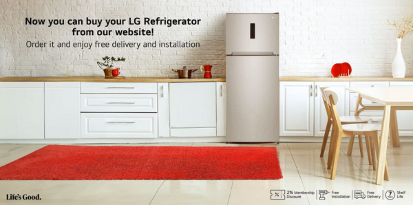A illustration of kitchen with LG refrigerator in the center 