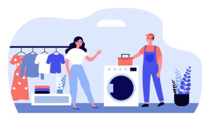 A illustration of man and woman standing in the laundry with washing machine in-between