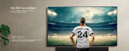 An illustration of a back of a man in a soccer uniform with Life's Good written on it on a TV screen