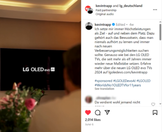 A Photo captured from Kevin Trapp's Instagram post about LG OLED evo AI