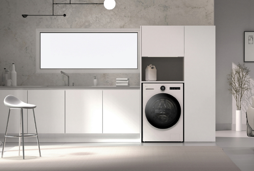 A picture of LG’s new enhanced capacity washer set up in a laundry room