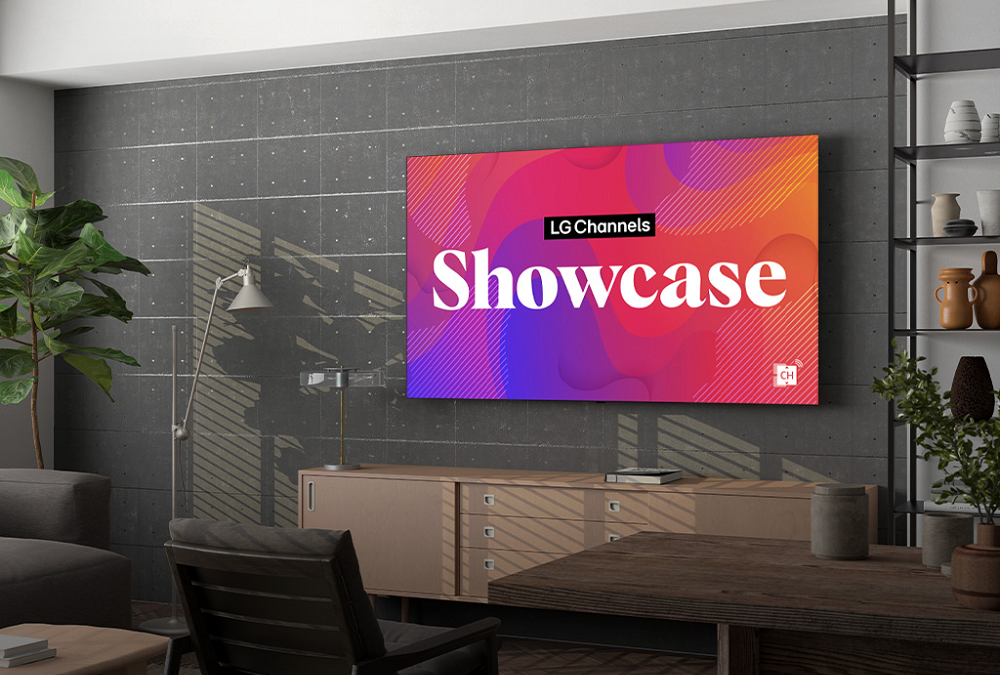 A picture of 'LG Channels Showcase' appears on a wall-mounted TV in a living room