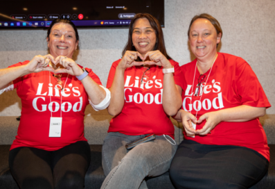 A picture of LG employees making hearts with their hands