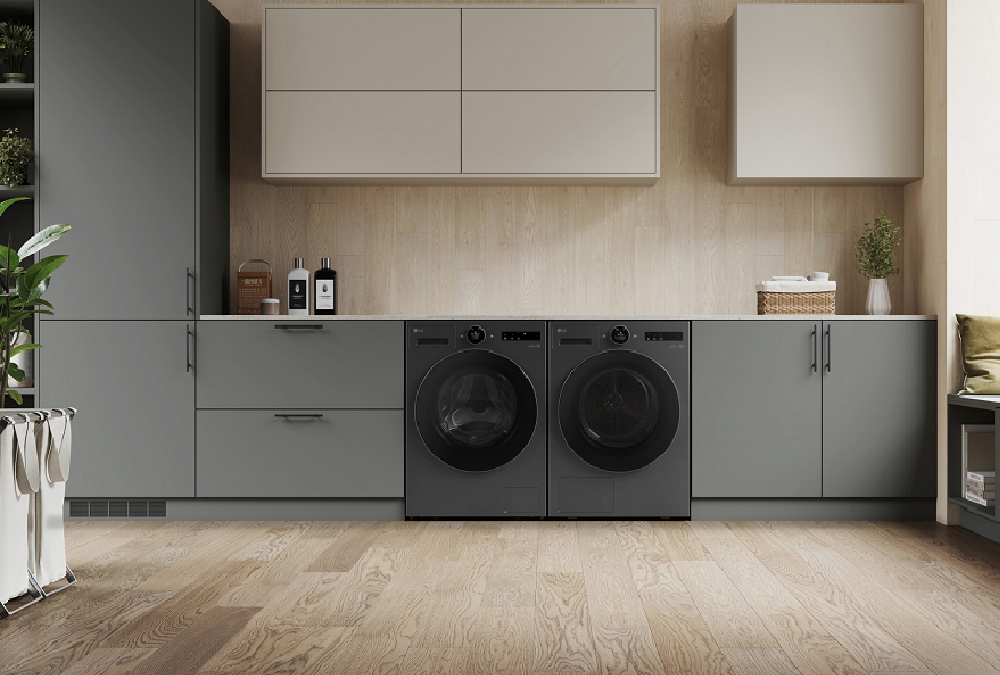 A picture of LG’s latest washing machine and dryer set up in living space