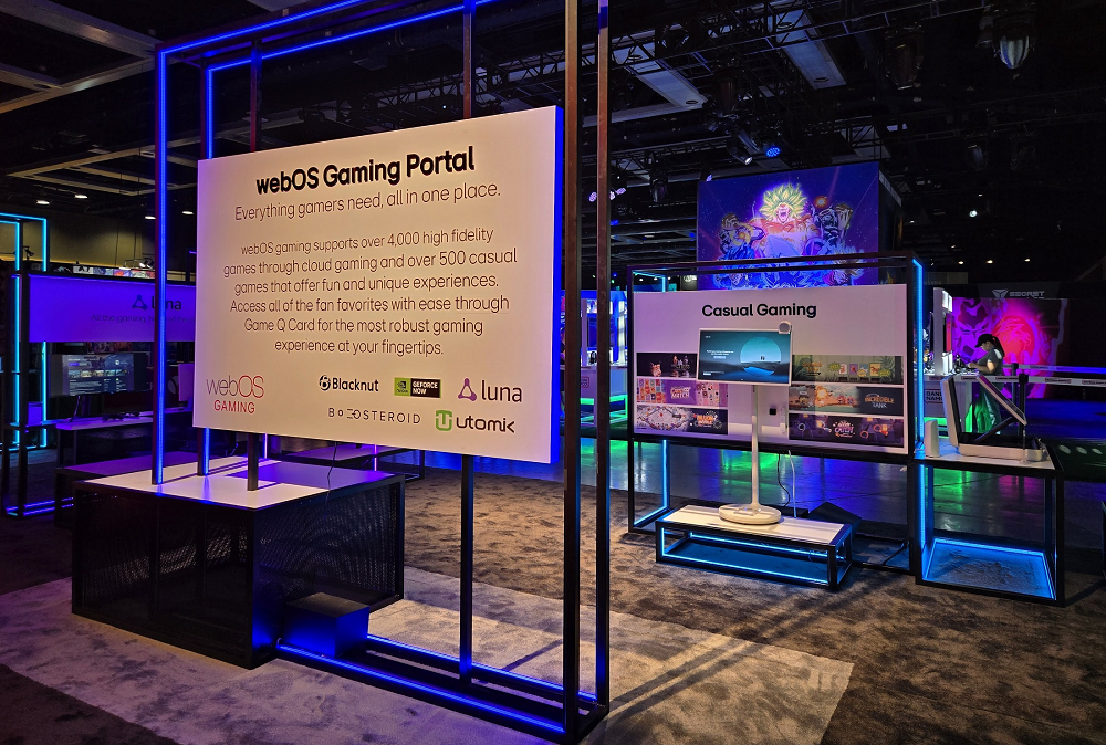 Picture of an information wall introducing the webOS Gaming Portal at LG’s PAX West Booth