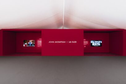 The entrance to the exhibition area introduces the collaboration between John Akomfrah and LG OLED