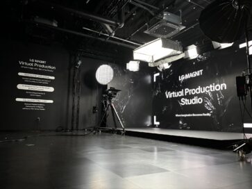 A black and white photo of the entire LG Virtual Production Studio